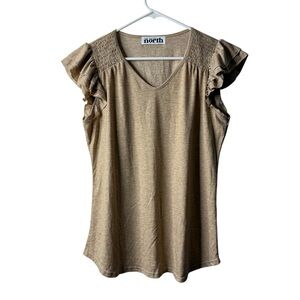 One Eleven North Beige Ruffle Short Sleeve Blouse